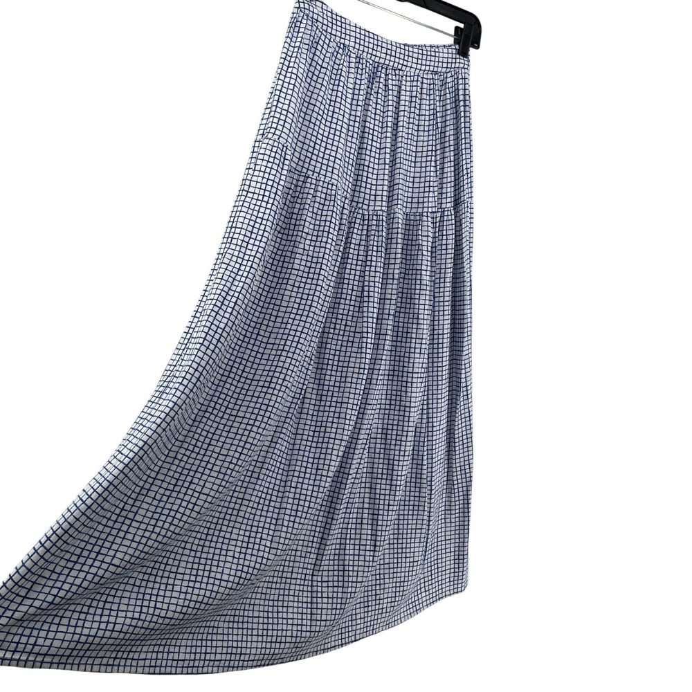 Tiered Maxi Skirt Womens Small Blue White Western Country Cottage Linen Blend